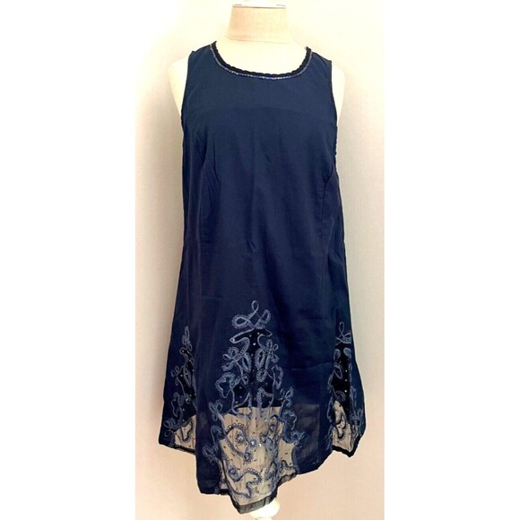 Lanika Taylor at La Moda Navy Sleeveless Dress Embroidered Hem Beaded Neckline L - Picture 1 of 7